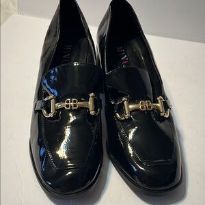 Stylish Black Patent Loafers with Gold Buckle